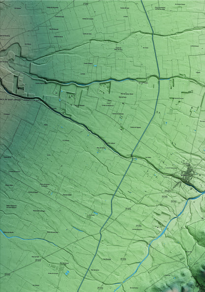 Mapa artístico del relieve de Godall, al Montsià, con 15 km de entorno y base topográfica ICGC. Detalle de la zona superior izquierda.