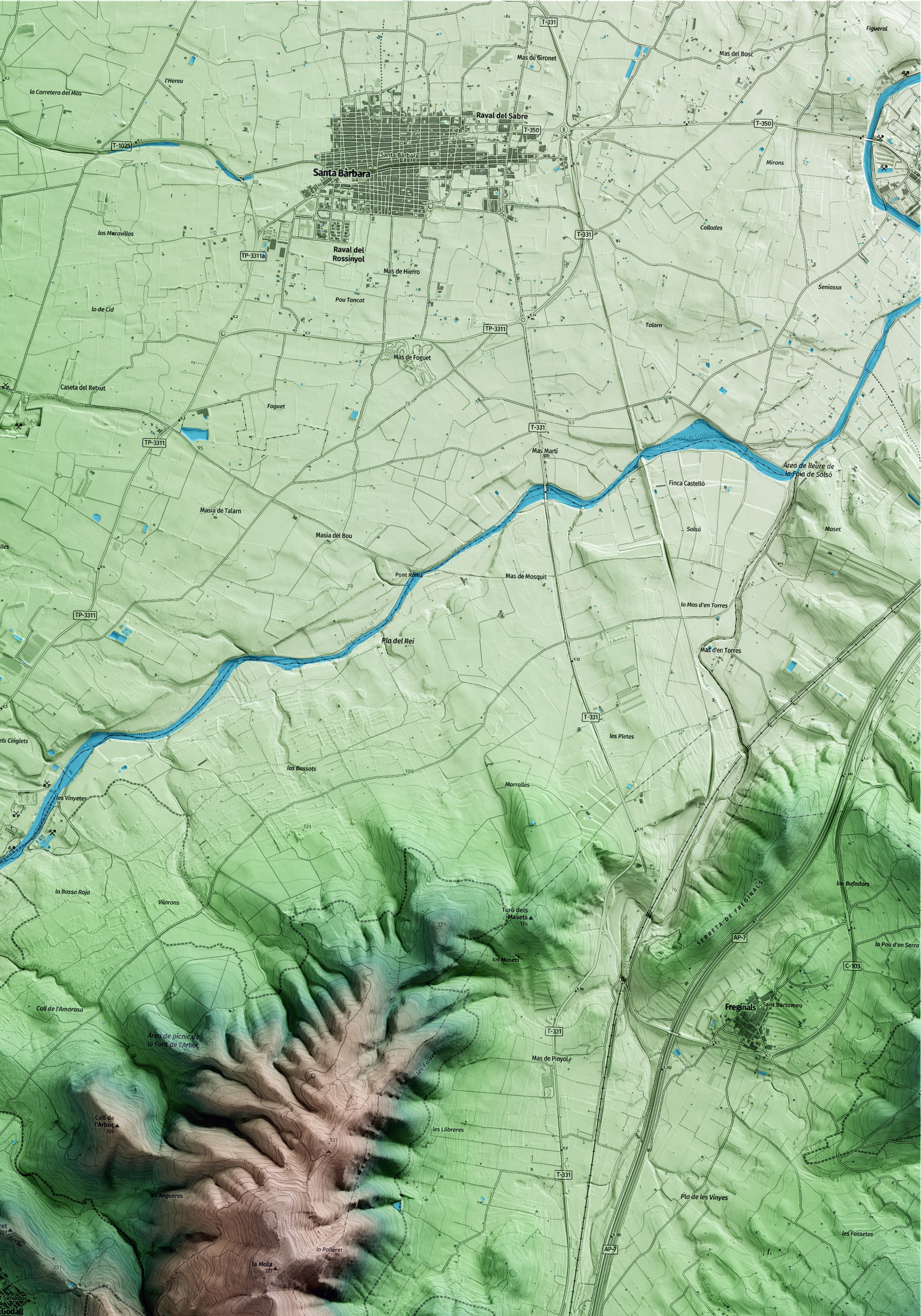 Mapa artístico del relieve de Godall, al Montsià, con 15 km de entorno y base topográfica ICGC. Detalle de la zona superior derecha.