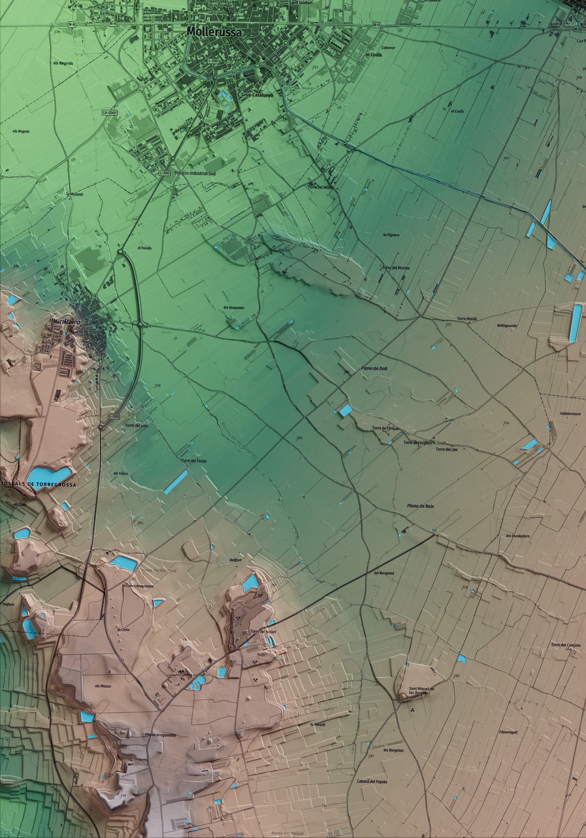 Mapa artístico del relieve de Golmés, en el Pla d'Urgell, con 15 km de entorno y base topográfica ICGC. Detalle de la zona inferior izquierda.