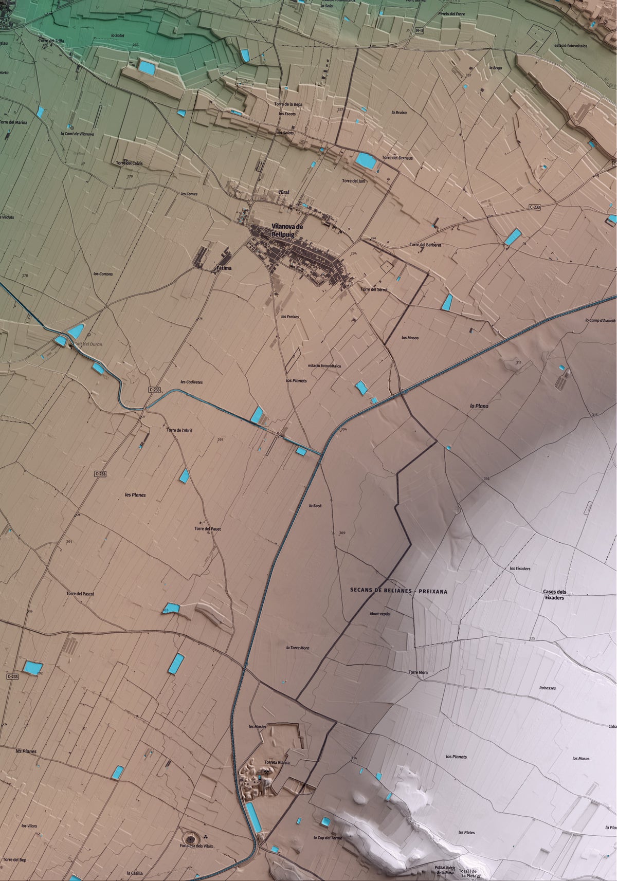 Mapa artístico del relieve de Golmés, en el Pla d'Urgell, con 15 km de entorno y base topográfica ICGC. Detalle de la zona inferior derecha.