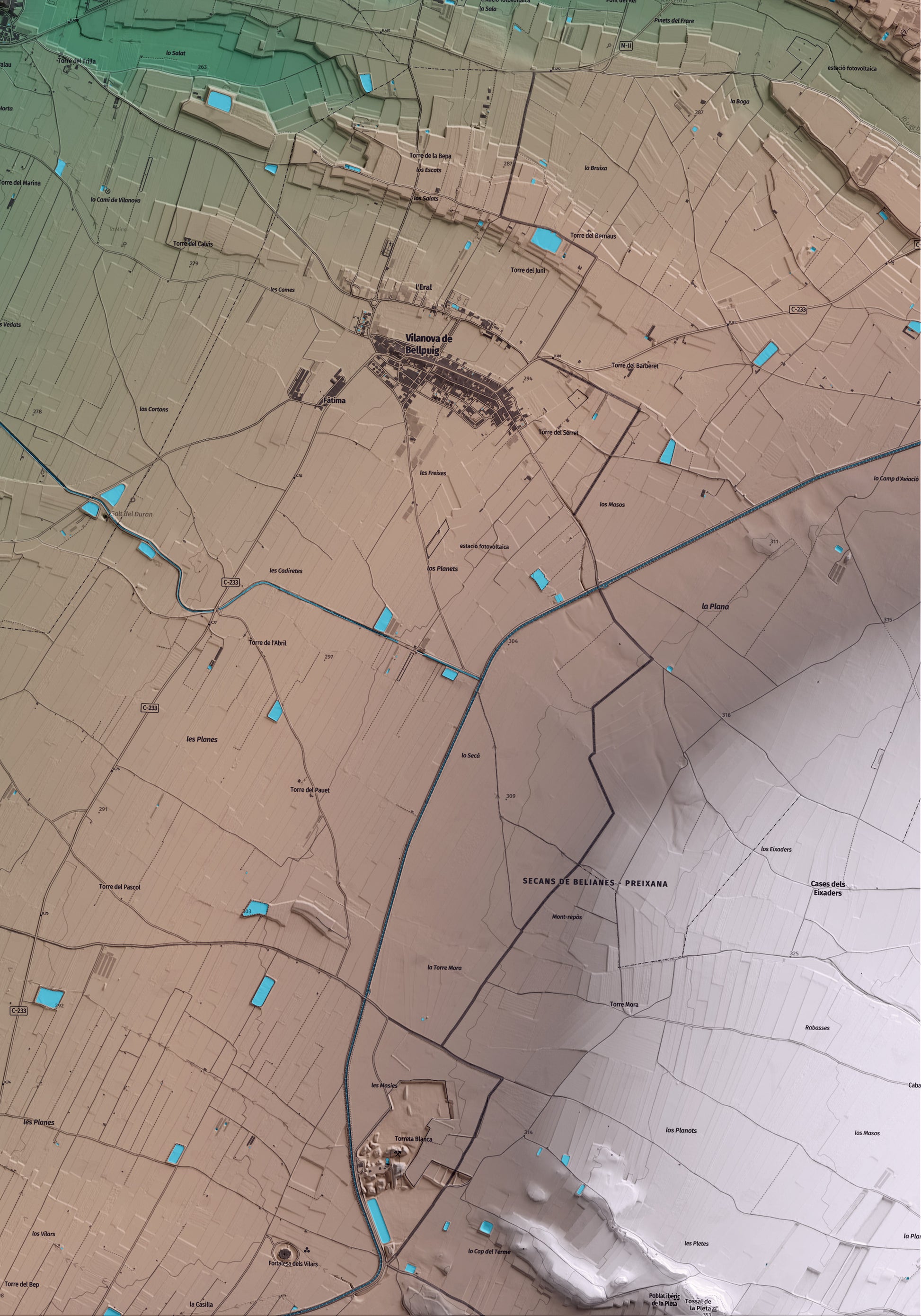 Mapa artístico del relieve de Golmés, en el Pla d'Urgell, con 15 km de entorno y base topográfica ICGC. Detalle de la zona inferior derecha.