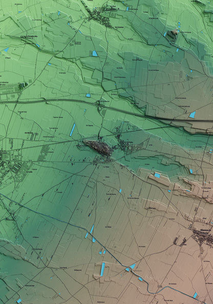 Mapa artístico del relieve de Golmés, en el Pla d'Urgell, con 15 km de entorno y base topográfica ICGC. Detalle de la zona central.