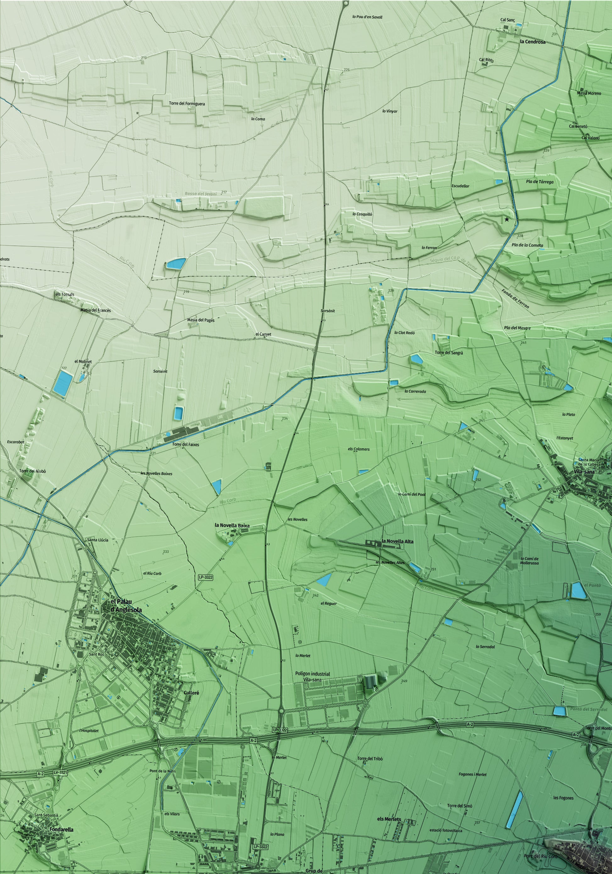 Mapa artístico del relieve de Golmés, en el Pla d'Urgell, con 15 km de entorno y base topográfica ICGC. Detalle de la zona superior izquierda.