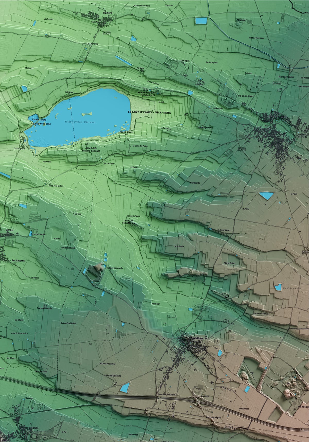 Mapa artístico del relieve de Golmés, en el Pla d'Urgell, con 15 km de entorno y base topográfica ICGC. Detalle de la zona superior derecha.
