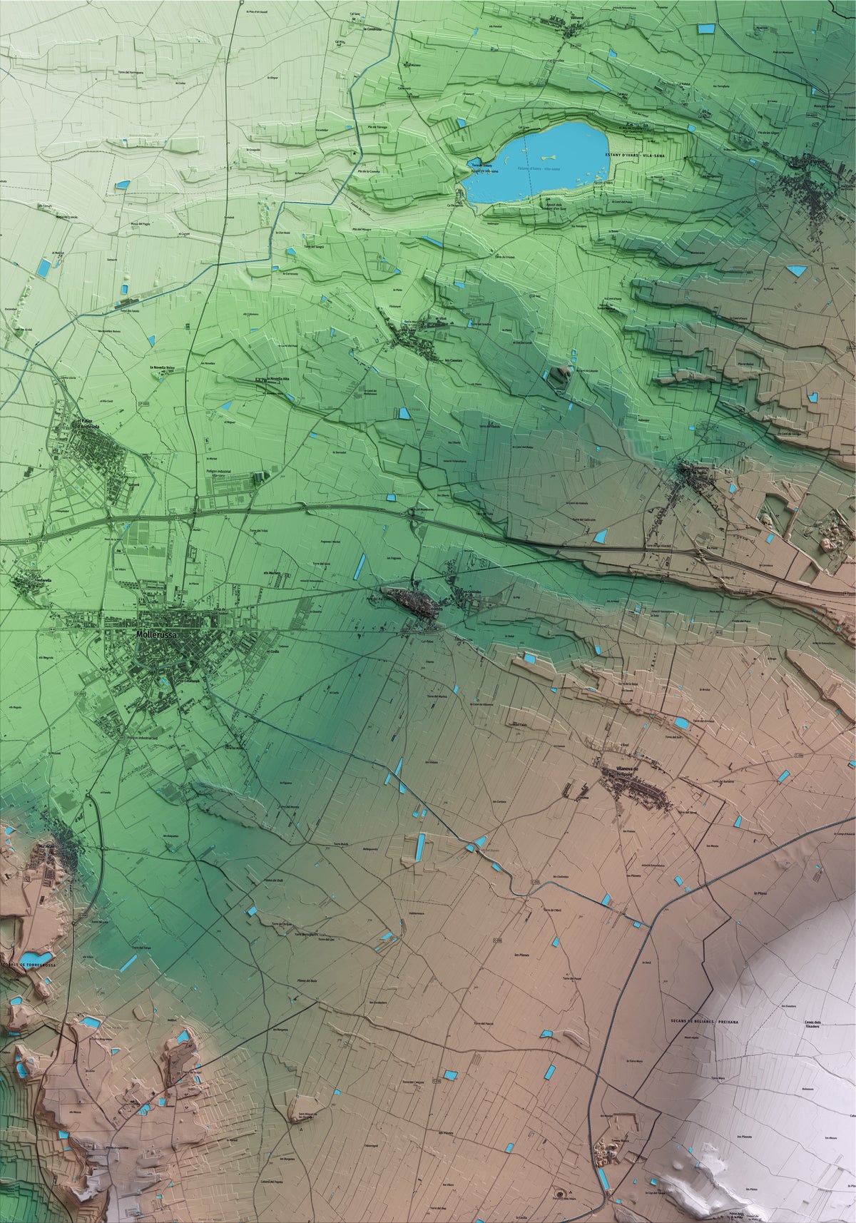 Mapa artístico del relieve de Golmés, en el Pla d'Urgell, con 15 km de entorno y base topográfica ICGC