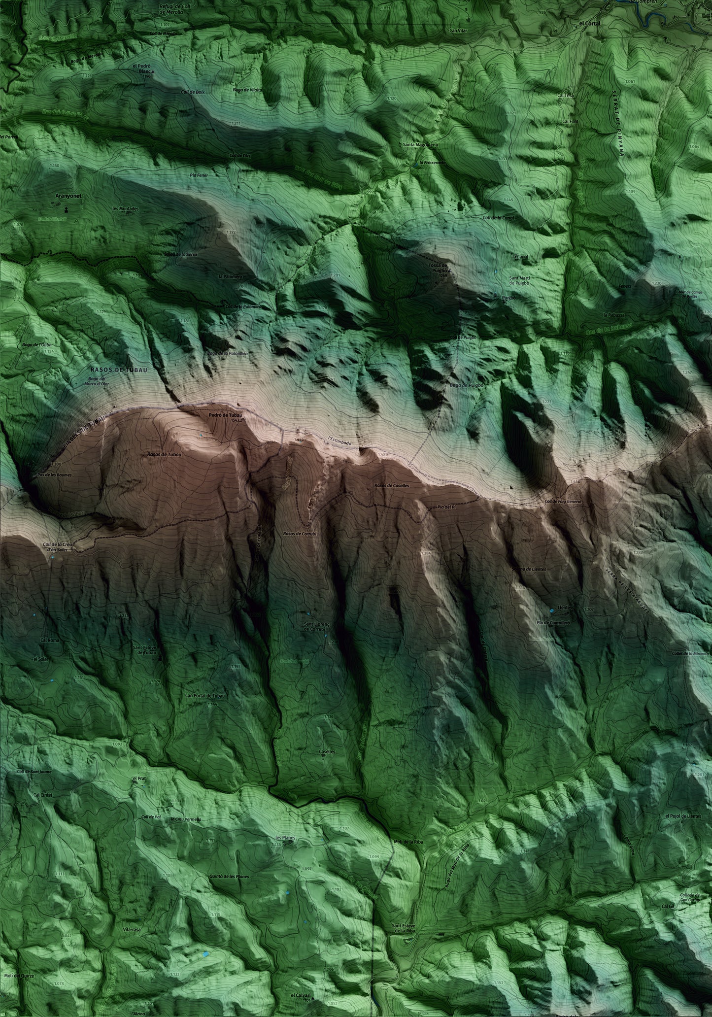 Mapa artístico del relieve de Gombrèn, al Ripollès, con 15 km de entorno y base topográfica ICGC. Detalle de la zona inferior izquierda.
