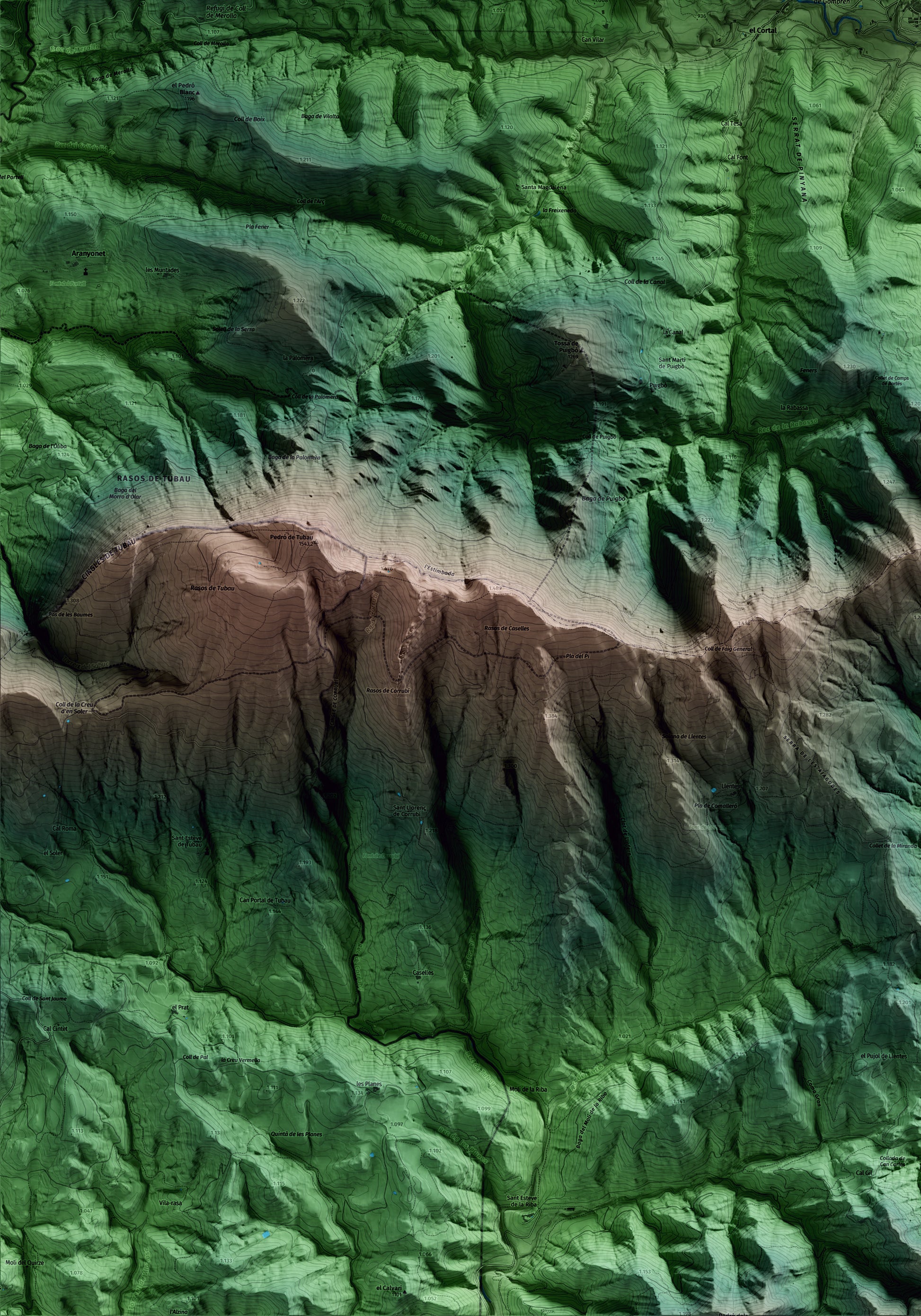 Mapa artístico del relieve de Gombrèn, al Ripollès, con 15 km de entorno y base topográfica ICGC. Detalle de la zona inferior izquierda.