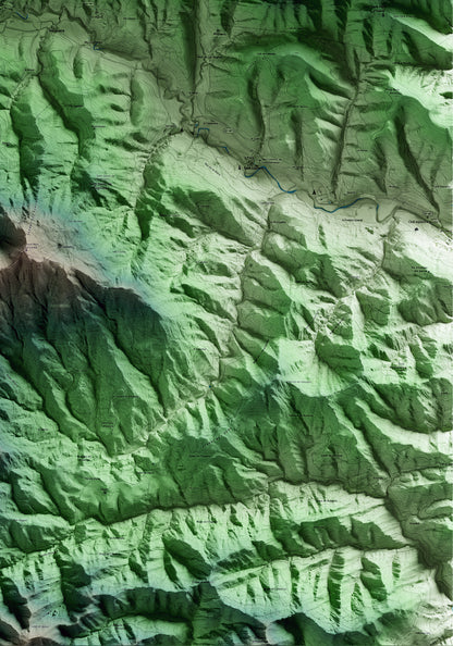 Mapa artístico del relieve de Gombrèn, al Ripollès, con 15 km de entorno y base topográfica ICGC. Detalle de la zona inferior derecha.