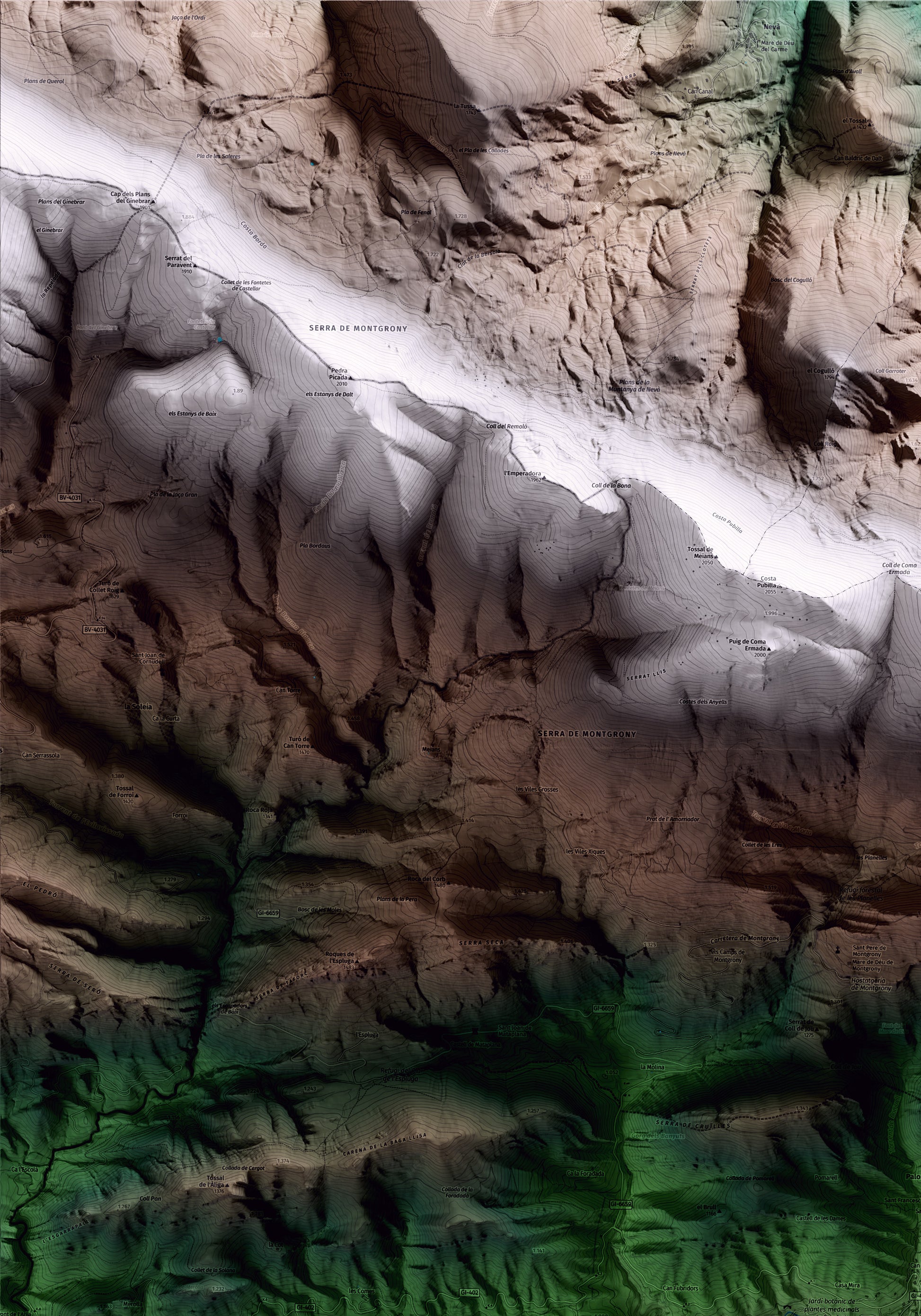 Mapa artístico del relieve de Gombrèn, al Ripollès, con 15 km de entorno y base topográfica ICGC. Detalle de la zona superior izquierda.