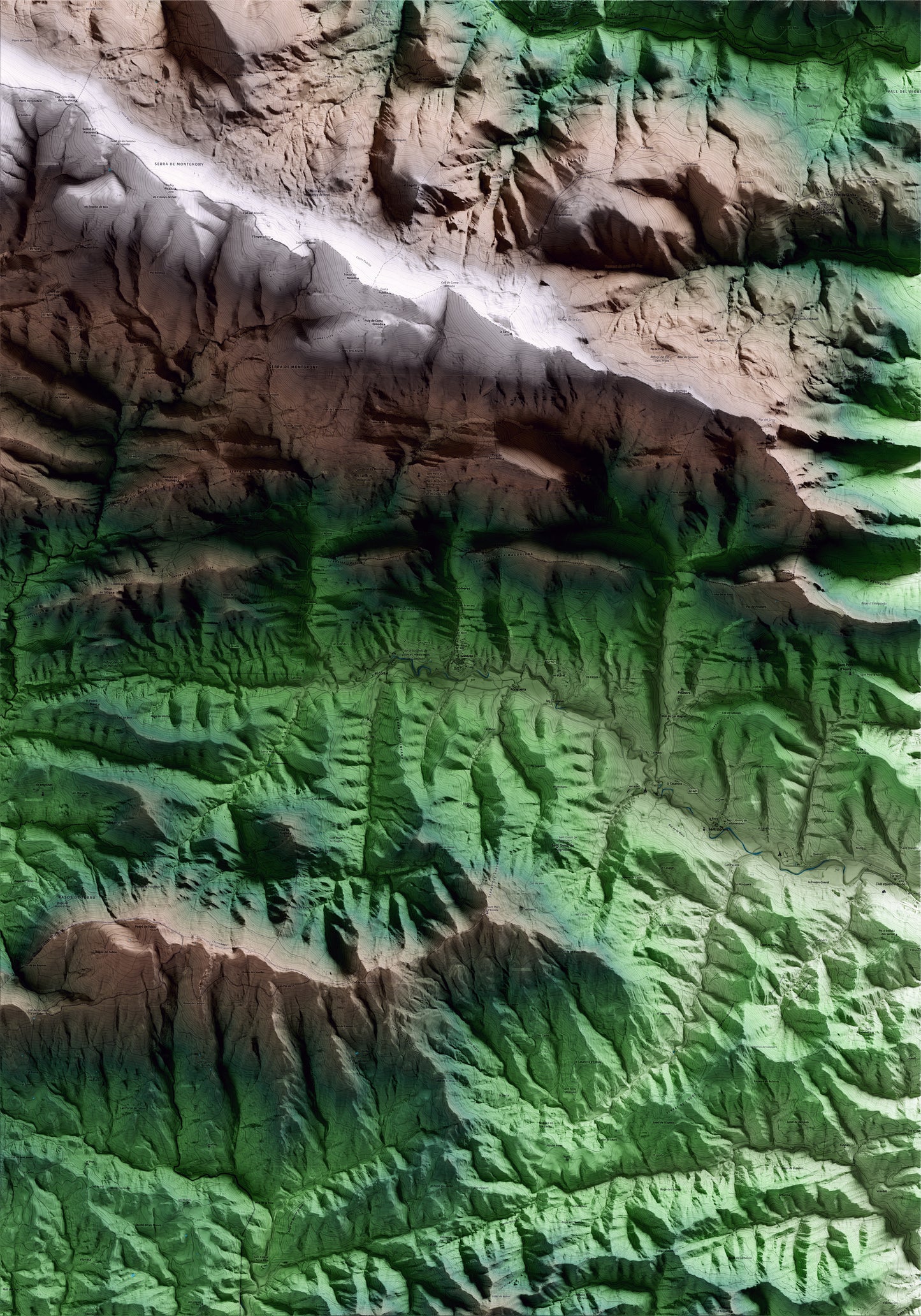 Mapa artístico del relieve de Gombrèn, al Ripollès, con 15 km de entorno y base topográfica ICGC