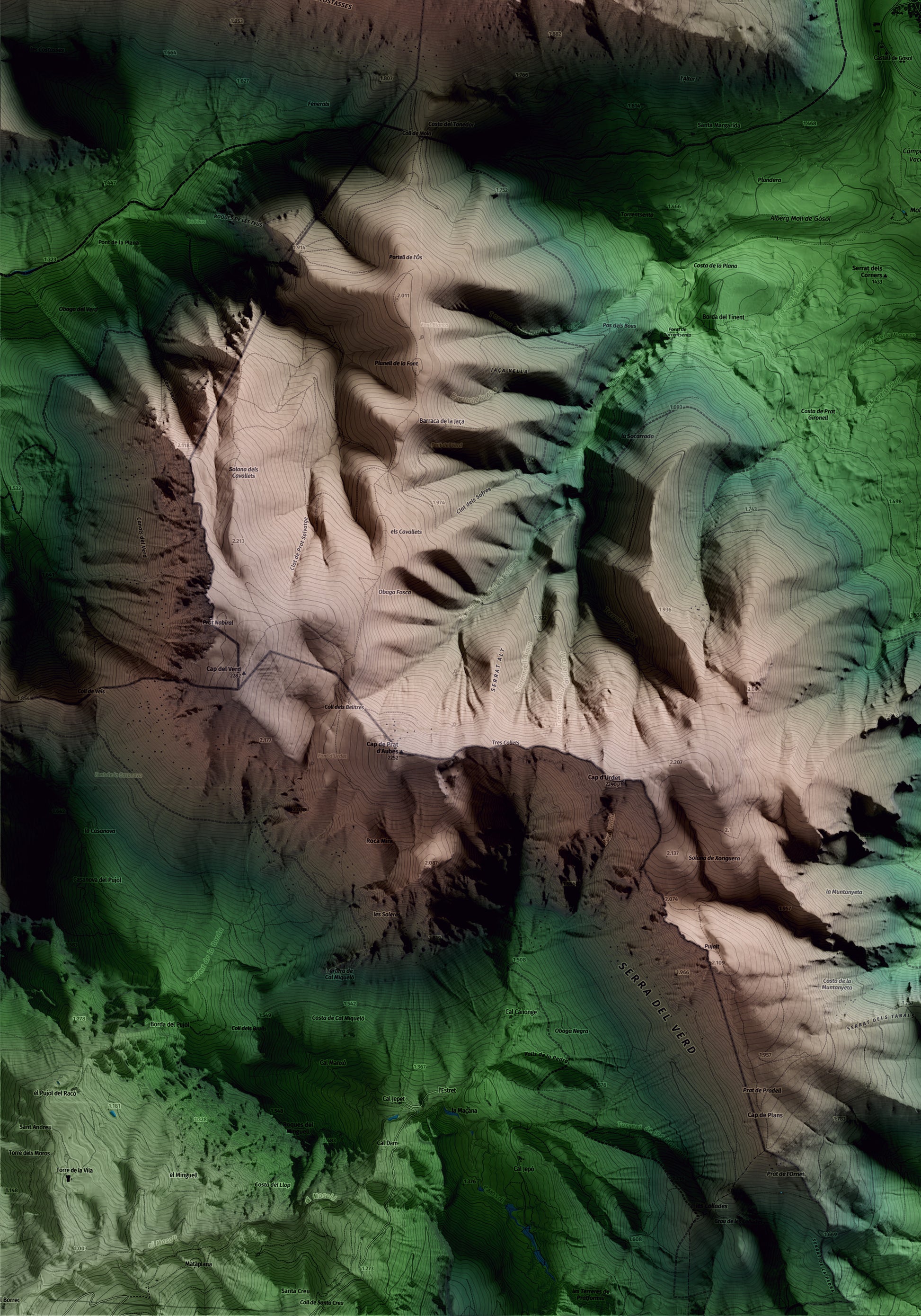 Mapa artístico del relieve de Gósol, al Berguedà, con 15 km de entorno y base topográfica ICGC. Detalle de la zona inferior izquierda.