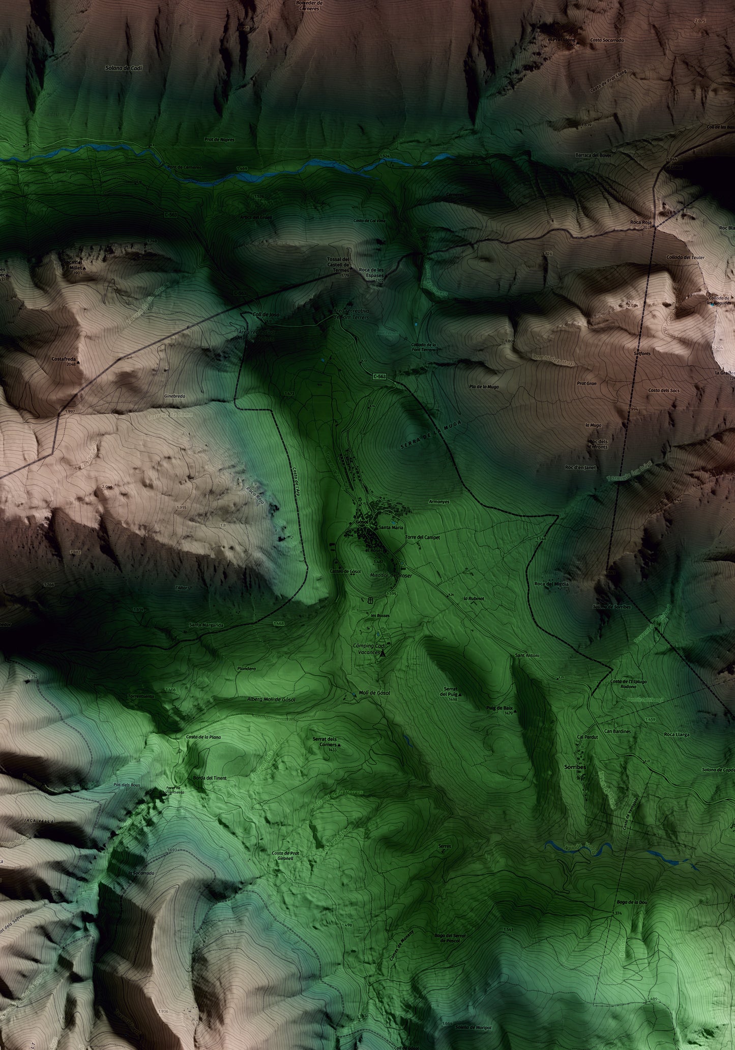 Mapa artístico del relieve de Gósol, al Berguedà, con 15 km de entorno y base topográfica ICGC. Detalle de la zona central.