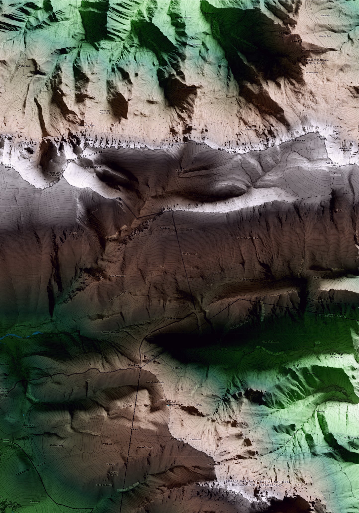 Mapa artístico del relieve de Gósol, al Berguedà, con 15 km de entorno y base topográfica ICGC. Detalle de la zona superior derecha.