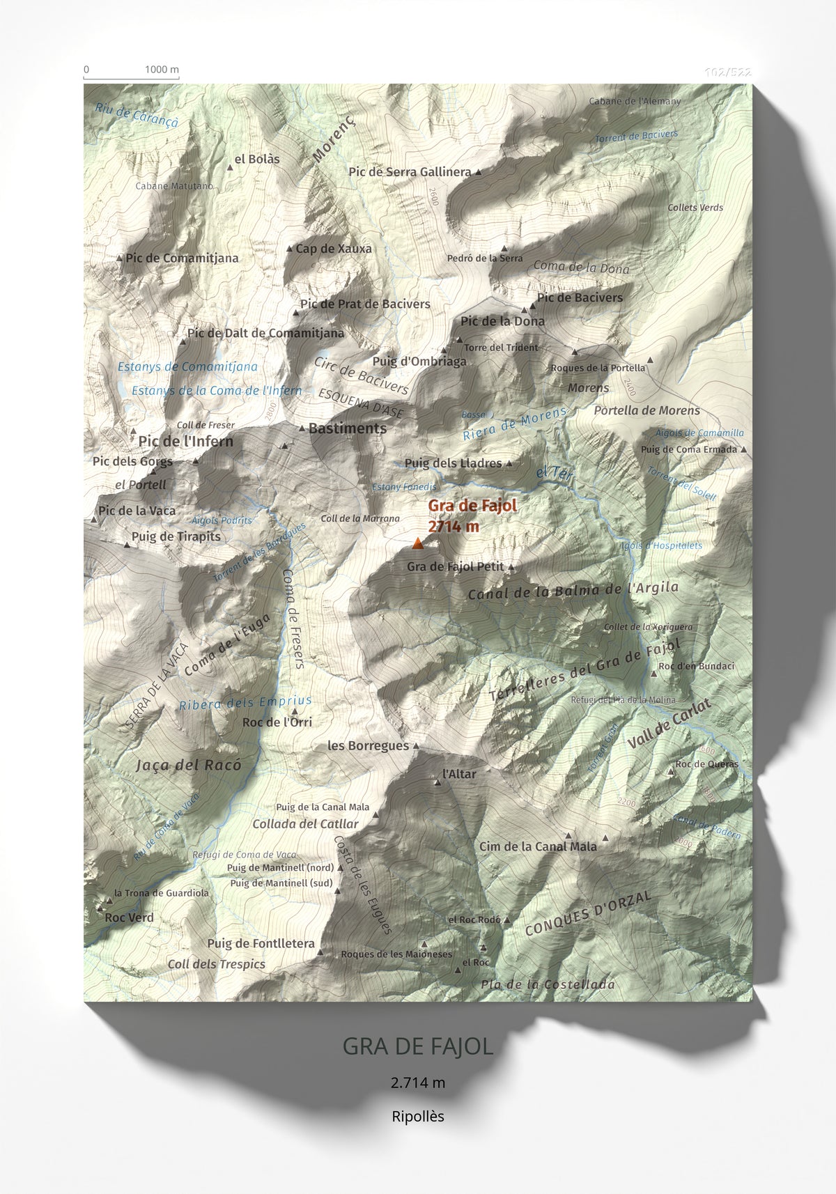 Mapa de relieve de Gra de Fajol, 2714 m, Ripollès, lámina 100 Cims de Trobart 21 × 30 cm.