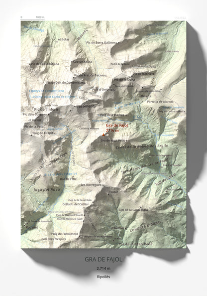 Mapa de relieve de Gra de Fajol, 2714 m, Ripollès, lámina 100 Cims de Trobart 21 × 30 cm.