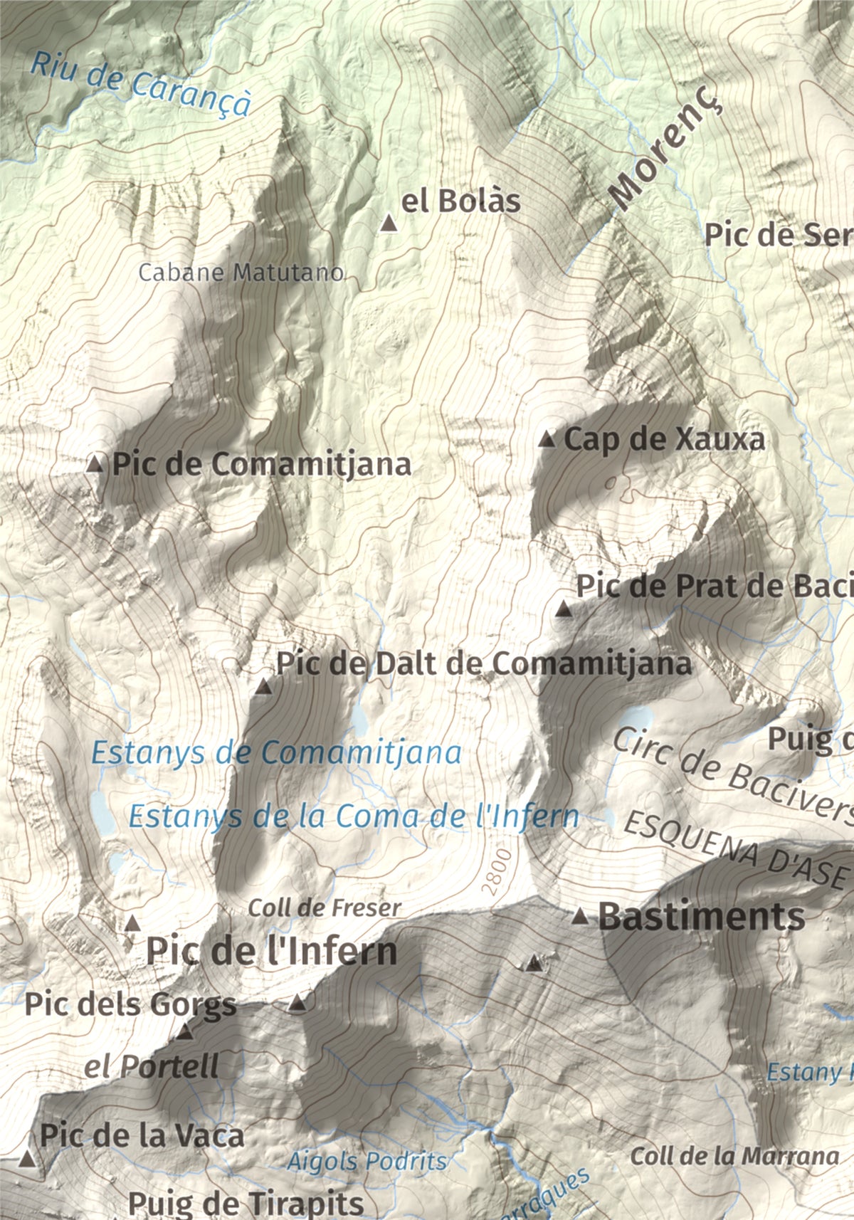 Mapa de relieve de Gra de Fajol, 2714 m, Ripollès, lámina 100 Cims de Trobart. Detalle de la zona superior izquierda. 21 × 30 cm.