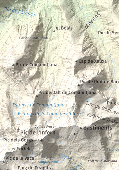 Mapa de relieve de Gra de Fajol, 2714 m, Ripollès, lámina 100 Cims de Trobart. Detalle de la zona superior izquierda. 21 × 30 cm.