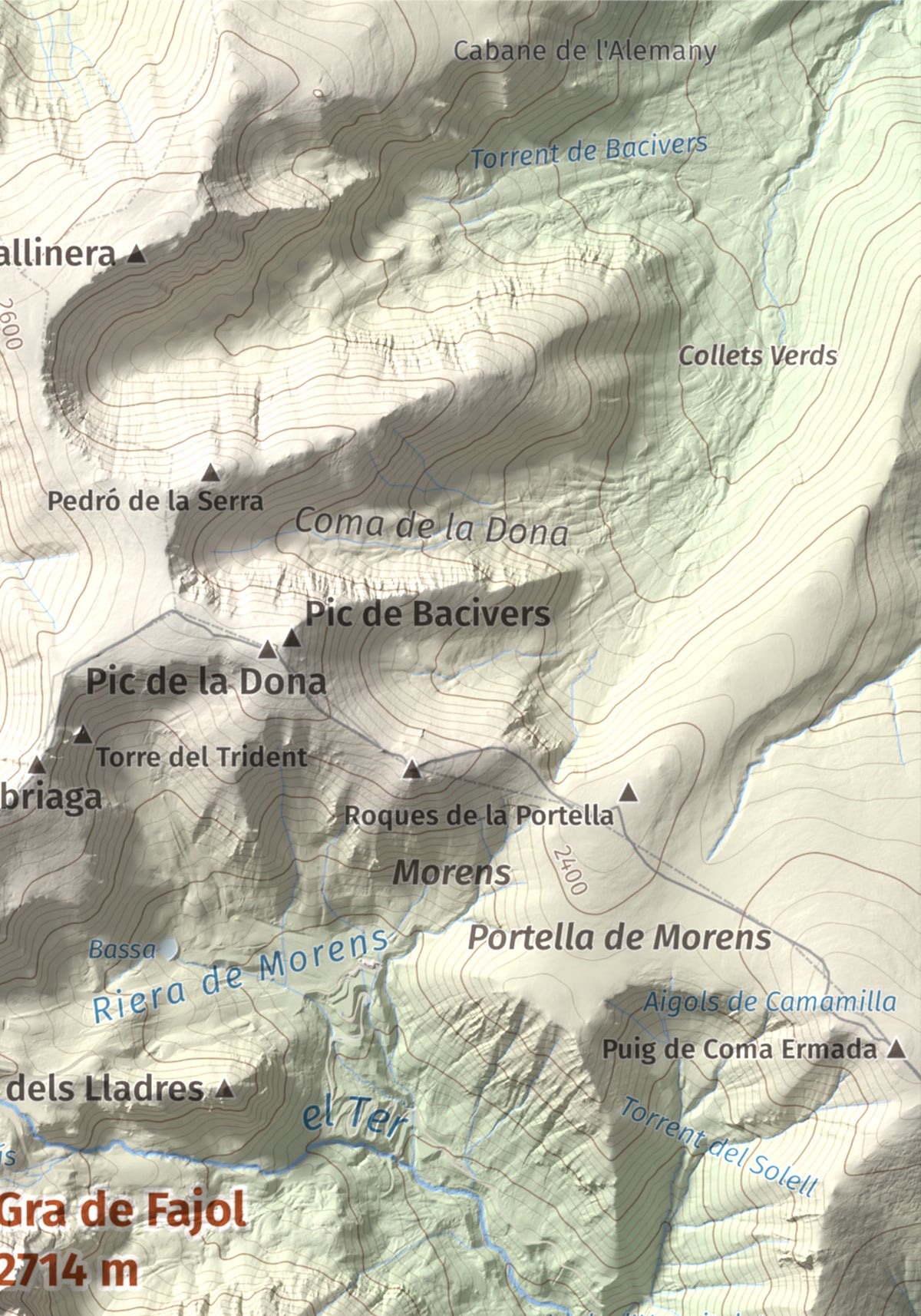 Mapa de relieve de Gra de Fajol, 2714 m, Ripollès, lámina 100 Cims de Trobart. Detalle de la zona superior derecha. 21 × 30 cm.