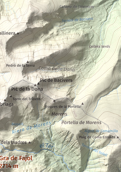 Mapa de relieve de Gra de Fajol, 2714 m, Ripollès, lámina 100 Cims de Trobart. Detalle de la zona superior derecha. 21 × 30 cm.