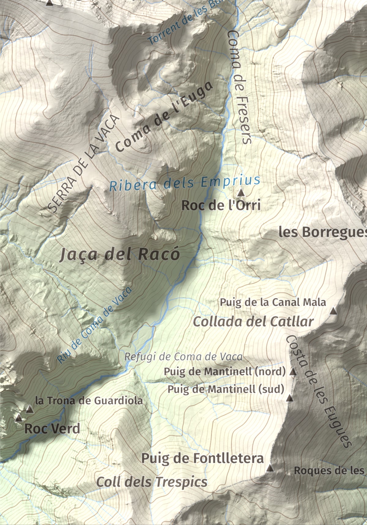 Mapa de relieve de Gra de Fajol, 2714 m, Ripollès, lámina 100 Cims de Trobart. Detalle de la zona inferior izquierda. 21 × 30 cm.