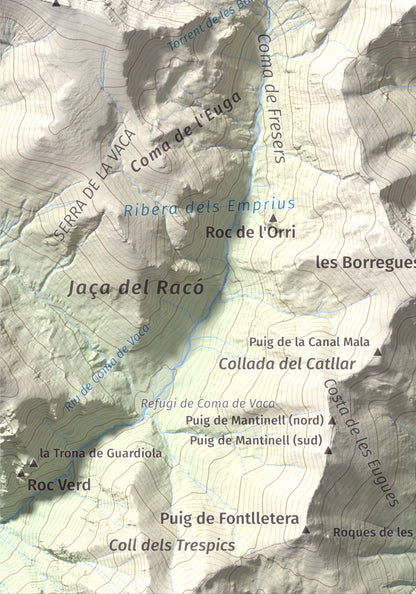 Mapa de relieve de Gra de Fajol, 2714 m, Ripollès, lámina 100 Cims de Trobart. Detalle de la zona inferior izquierda. 21 × 30 cm.