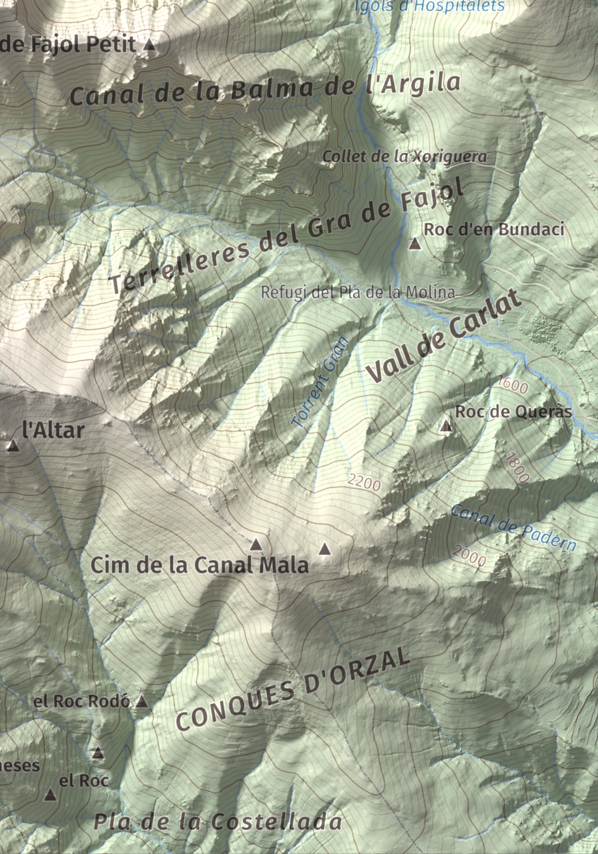 Mapa de relieve de Gra de Fajol, 2714 m, Ripollès, lámina 100 Cims de Trobart. Detalle de la zona inferior derecha. 21 × 30 cm.