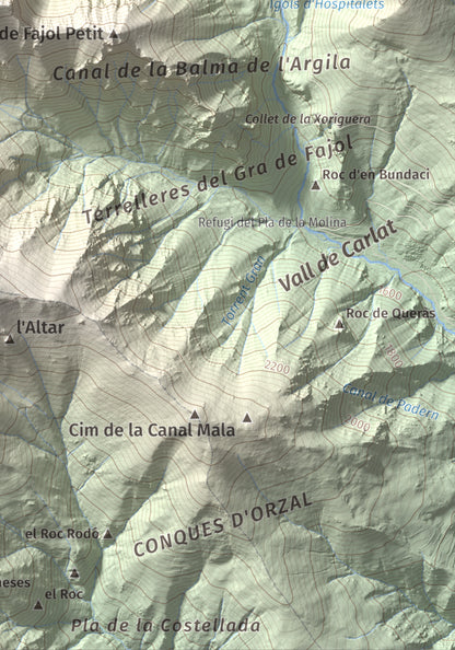 Mapa de relieve de Gra de Fajol, 2714 m, Ripollès, lámina 100 Cims de Trobart. Detalle de la zona inferior derecha. 21 × 30 cm.