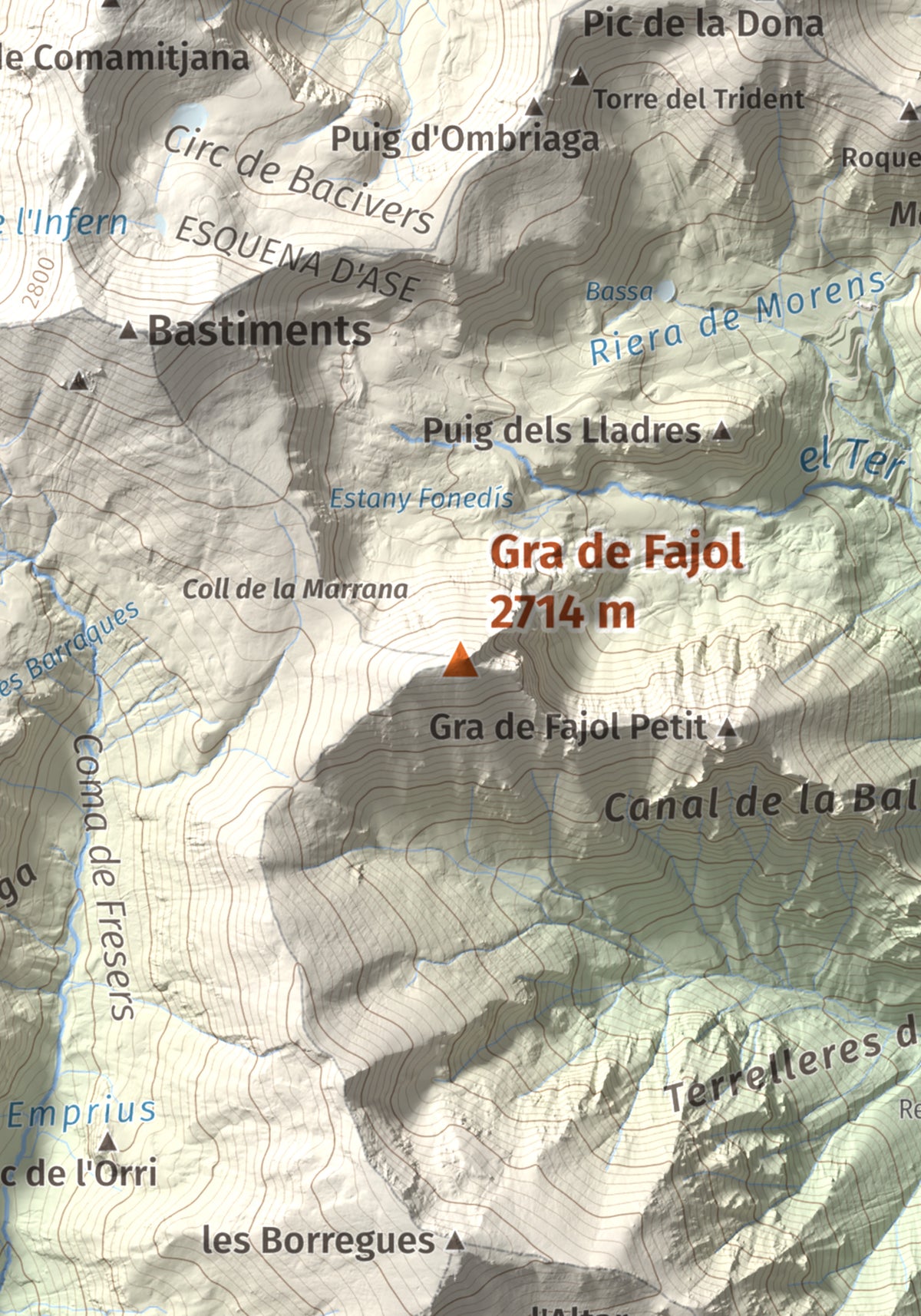 Mapa de relieve de Gra de Fajol, 2714 m, Ripollès, lámina 100 Cims de Trobart. Detalle de la zona central. 21 × 30 cm.