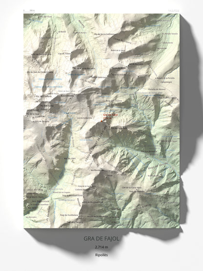 Mapa de relieve de Gra de Fajol, 2714 m, Ripollès, lámina 100 Cims de Trobart 30 × 40 cm.
