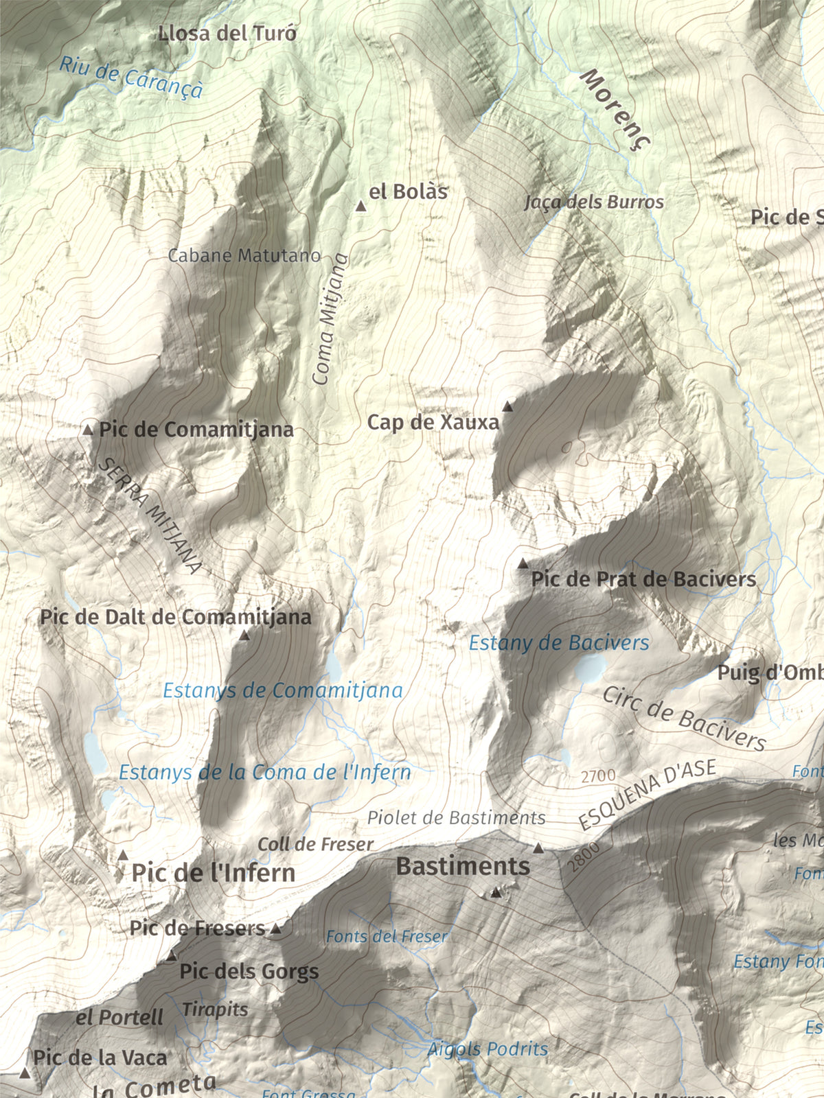 Mapa de relieve de Gra de Fajol, 2714 m, Ripollès, lámina 100 Cims de Trobart. Detalle de la zona superior izquierda. 30 × 40 cm.
