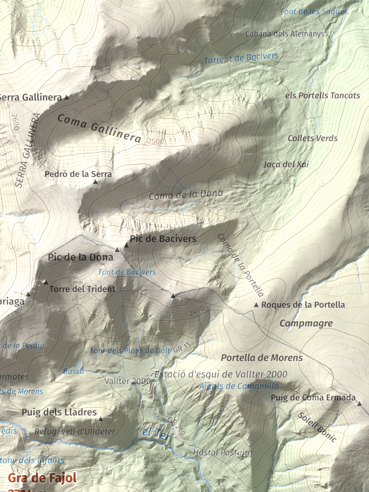 Mapa de relieve de Gra de Fajol, 2714 m, Ripollès, lámina 100 Cims de Trobart. Detalle de la zona superior derecha. 30 × 40 cm.