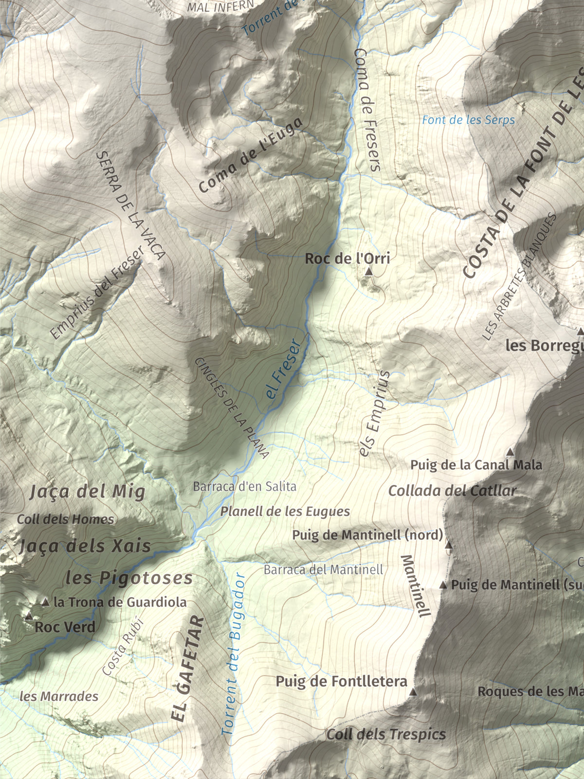 Mapa de relieve de Gra de Fajol, 2714 m, Ripollès, lámina 100 Cims de Trobart. Detalle de la zona inferior izquierda. 30 × 40 cm.