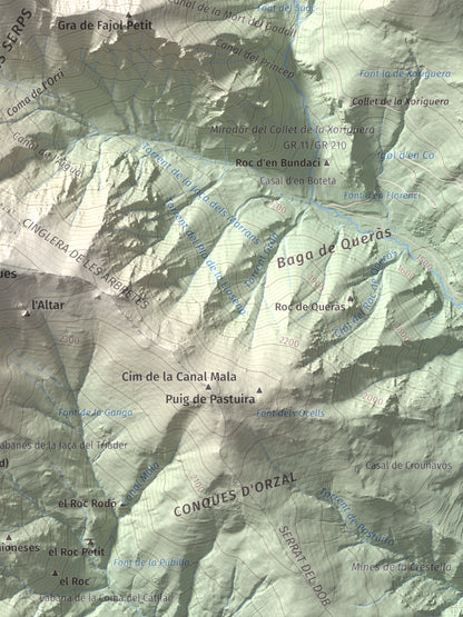 Mapa de relieve de Gra de Fajol, 2714 m, Ripollès, lámina 100 Cims de Trobart. Detalle de la zona inferior derecha. 30 × 40 cm.