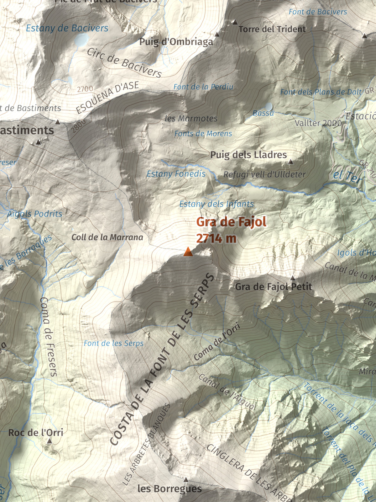 Mapa de relieve de Gra de Fajol, 2714 m, Ripollès, lámina 100 Cims de Trobart. Detalle de la zona central. 30 × 40 cm.