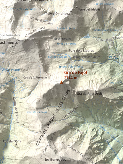 Mapa de relieve de Gra de Fajol, 2714 m, Ripollès, lámina 100 Cims de Trobart. Detalle de la zona central. 30 × 40 cm.