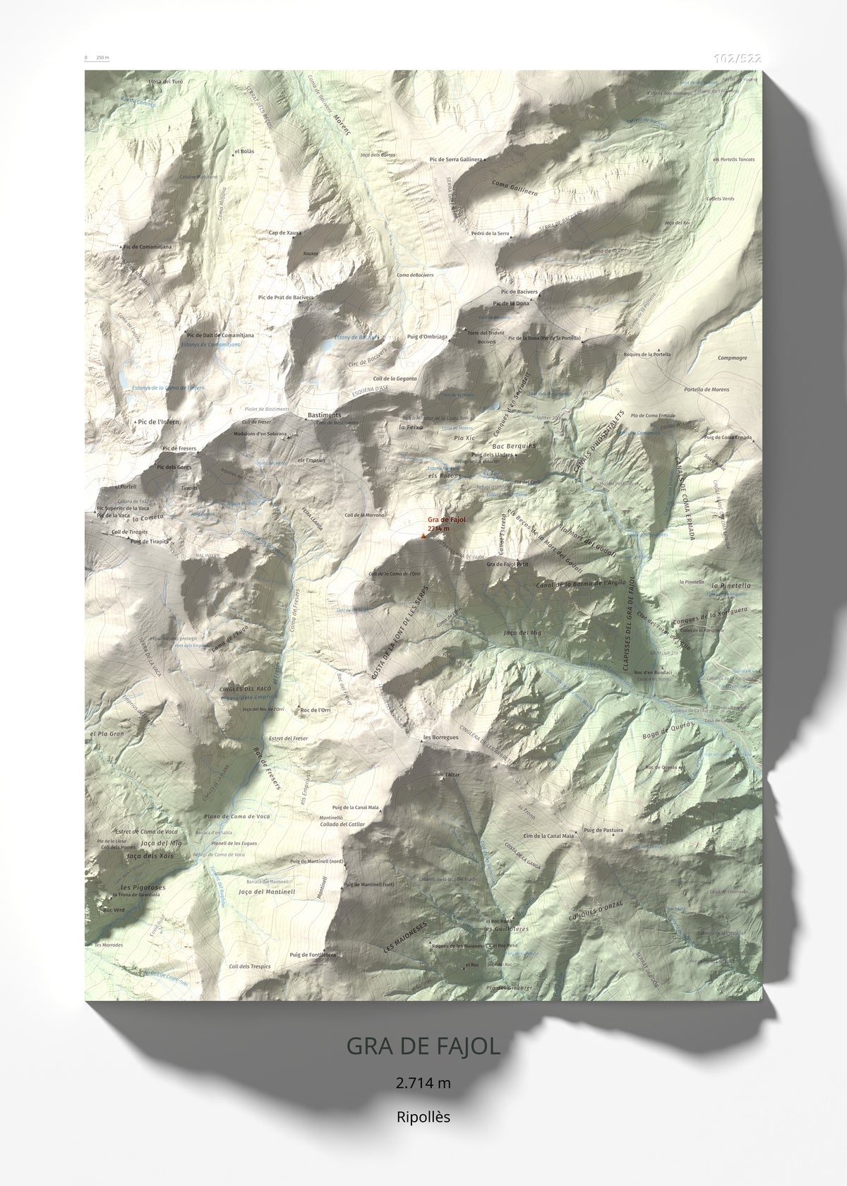 Mapa de relieve de Gra de Fajol, 2714 m, Ripollès, lámina 100 Cims de Trobart 50 × 70 cm.