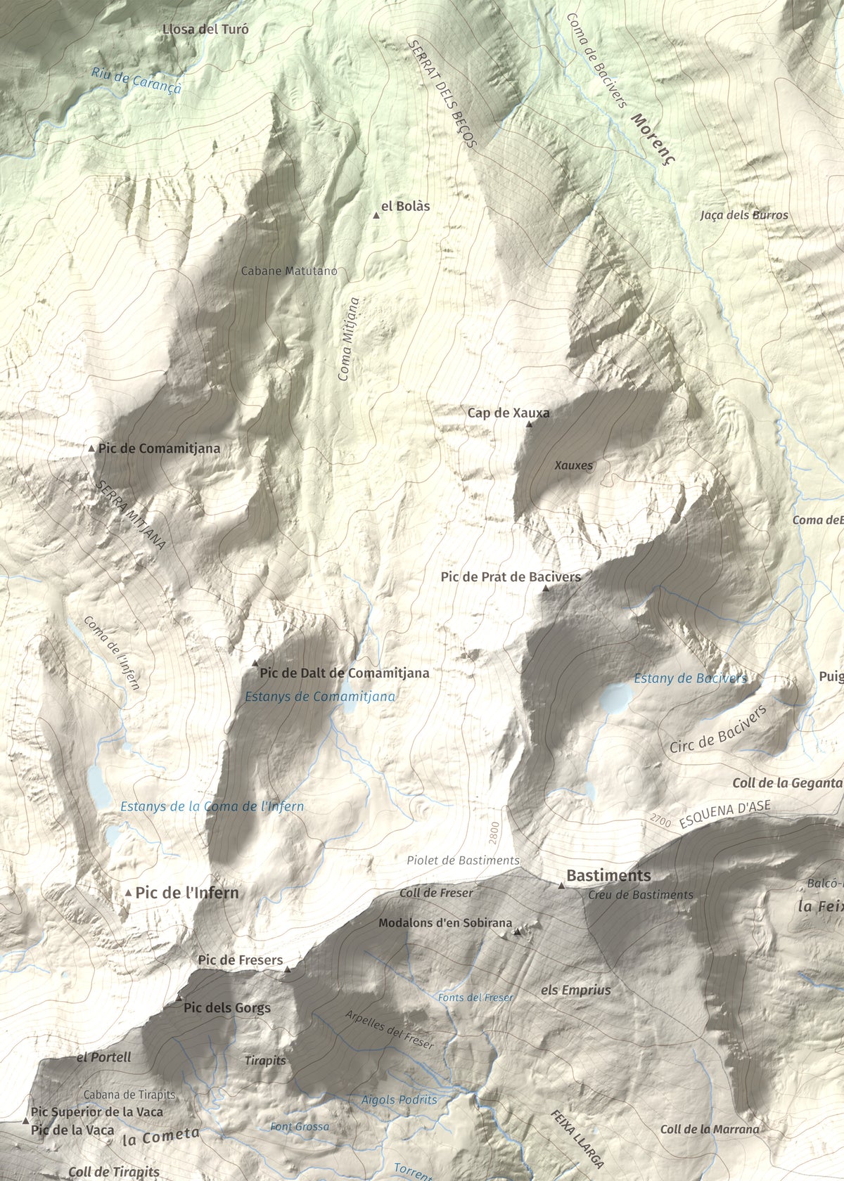 Mapa de relieve de Gra de Fajol, 2714 m, Ripollès, lámina 100 Cims de Trobart. Detalle de la zona superior izquierda. 50 × 70 cm.