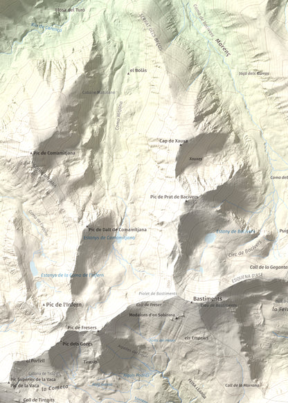 Mapa de relieve de Gra de Fajol, 2714 m, Ripollès, lámina 100 Cims de Trobart. Detalle de la zona superior izquierda. 50 × 70 cm.