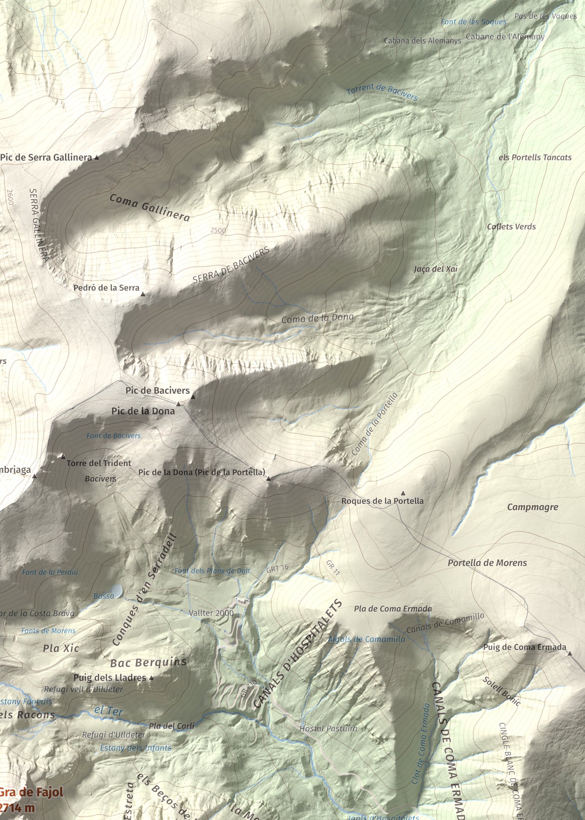 Mapa de relieve de Gra de Fajol, 2714 m, Ripollès, lámina 100 Cims de Trobart. Detalle de la zona superior derecha. 50 × 70 cm.