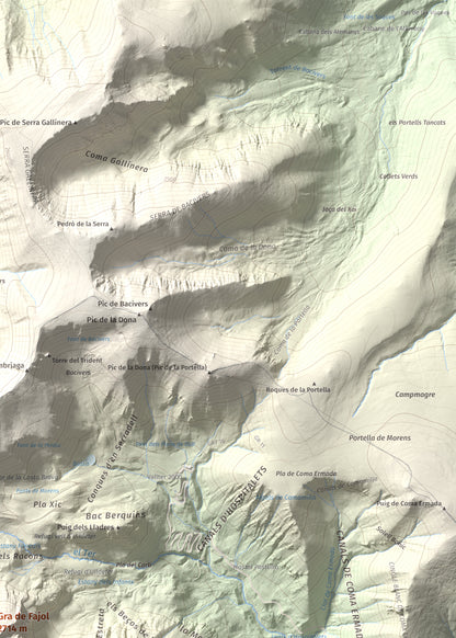 Mapa de relieve de Gra de Fajol, 2714 m, Ripollès, lámina 100 Cims de Trobart. Detalle de la zona superior derecha. 50 × 70 cm.