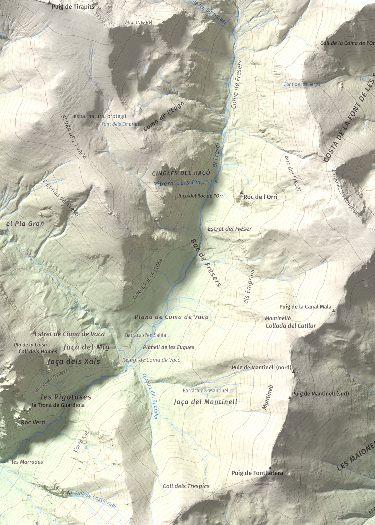 Mapa de relieve de Gra de Fajol, 2714 m, Ripollès, lámina 100 Cims de Trobart. Detalle de la zona inferior izquierda. 50 × 70 cm.