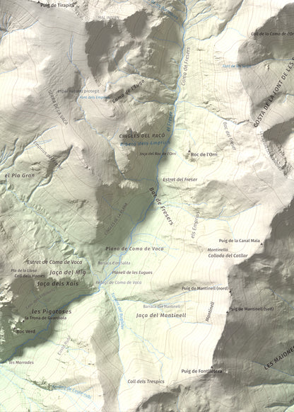 Mapa de relieve de Gra de Fajol, 2714 m, Ripollès, lámina 100 Cims de Trobart. Detalle de la zona inferior izquierda. 50 × 70 cm.