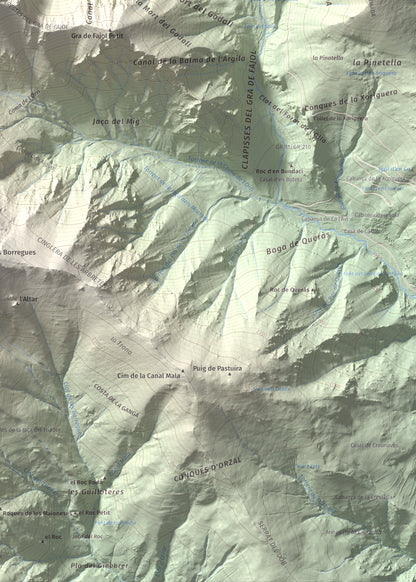 Mapa de relieve de Gra de Fajol, 2714 m, Ripollès, lámina 100 Cims de Trobart. Detalle de la zona inferior derecha. 50 × 70 cm.