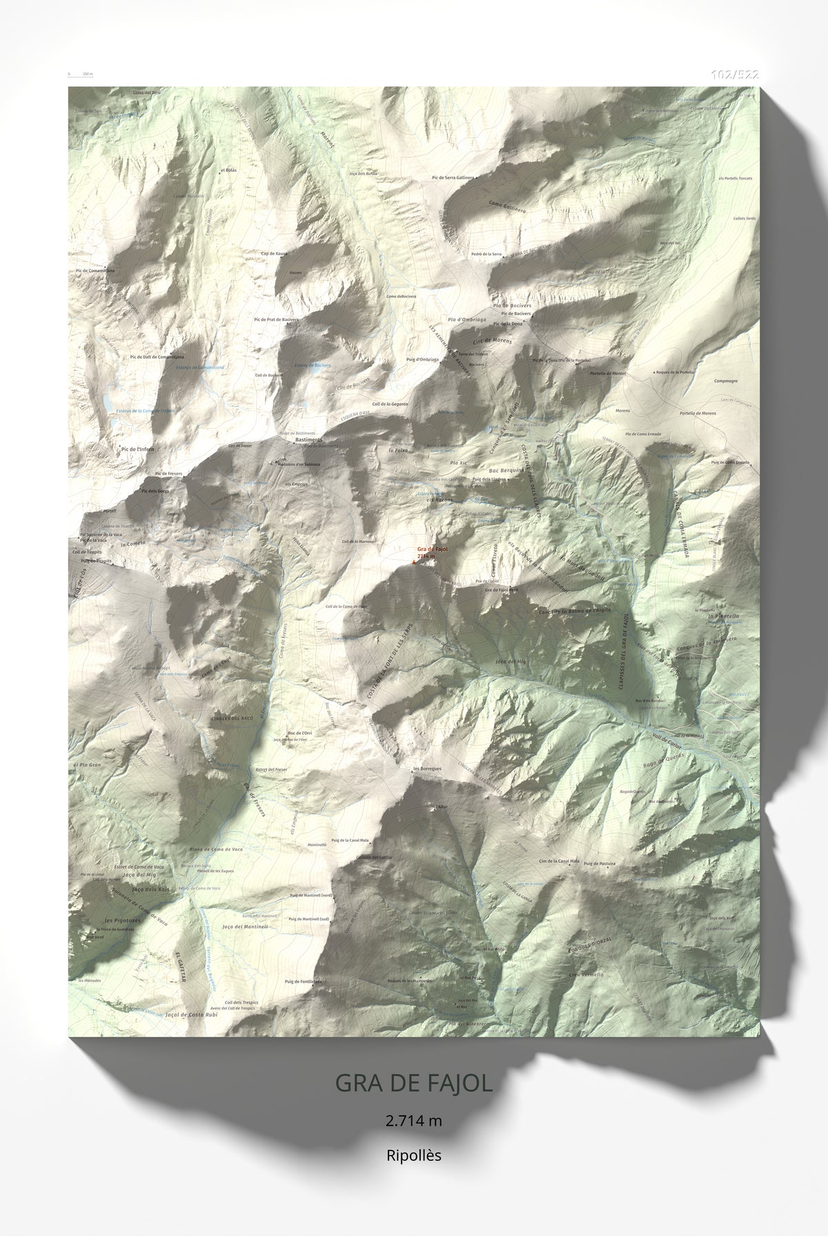 Mapa de relieve de Gra de Fajol, 2714 m, Ripollès, lámina 100 Cims de Trobart 61 × 91 cm.