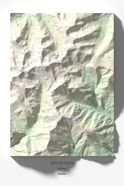 Mapa de relieve de Gra de Fajol, 2714 m, Ripollès, lámina 100 Cims de Trobart 61 × 91 cm.