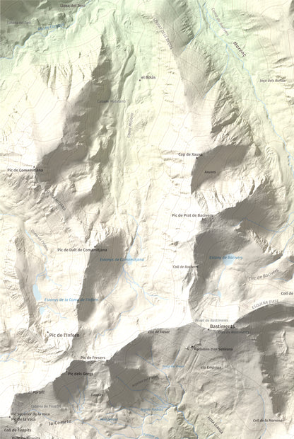 Mapa de relieve de Gra de Fajol, 2714 m, Ripollès, lámina 100 Cims de Trobart. Detalle de la zona superior izquierda. 61 × 91 cm.