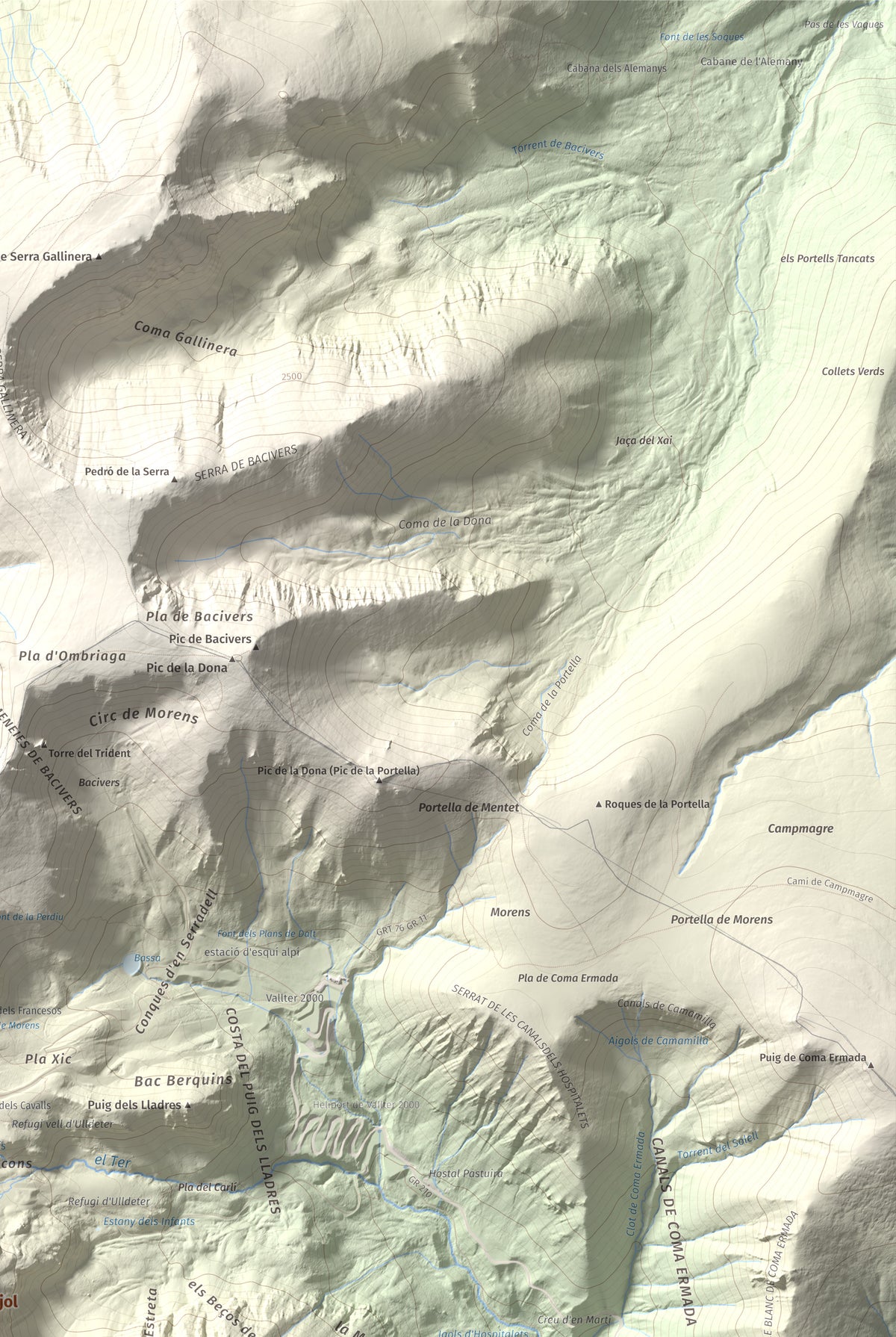 Mapa de relieve de Gra de Fajol, 2714 m, Ripollès, lámina 100 Cims de Trobart. Detalle de la zona superior derecha. 61 × 91 cm.