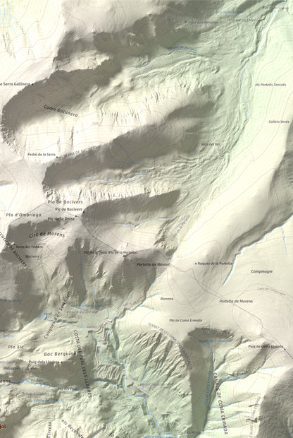 Mapa de relieve de Gra de Fajol, 2714 m, Ripollès, lámina 100 Cims de Trobart. Detalle de la zona superior derecha. 61 × 91 cm.