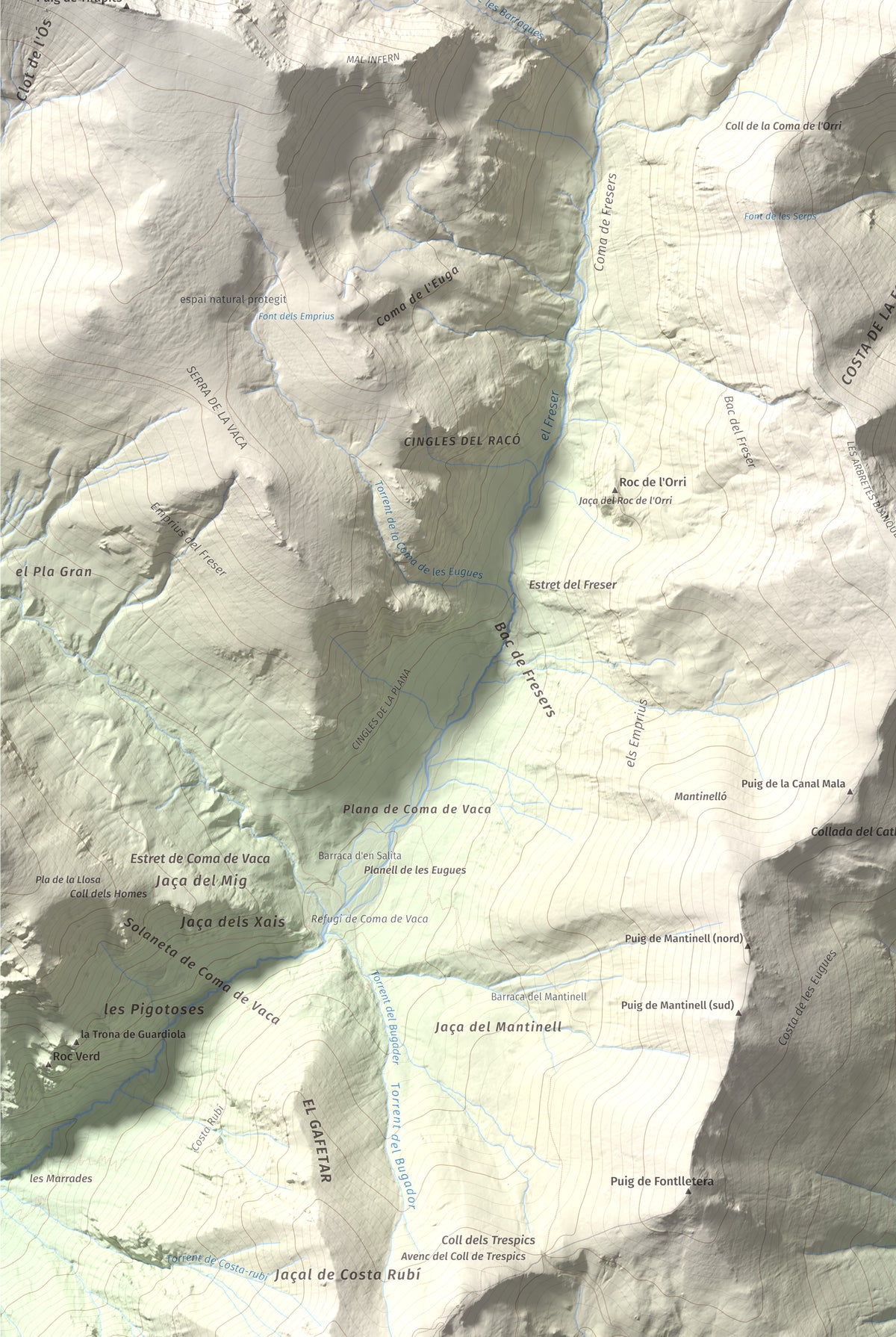 Mapa de relieve de Gra de Fajol, 2714 m, Ripollès, lámina 100 Cims de Trobart. Detalle de la zona inferior izquierda. 61 × 91 cm.