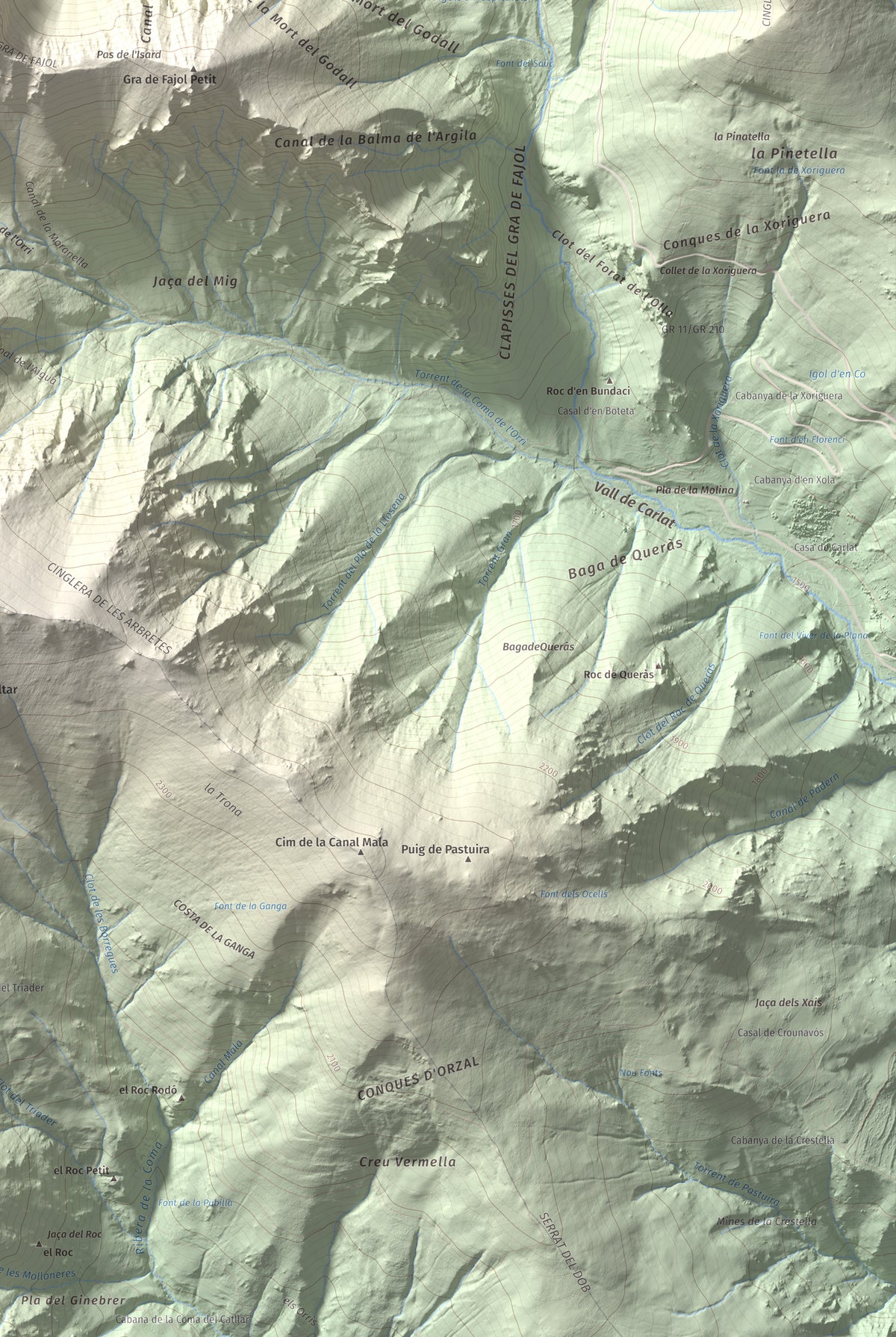 Mapa de relieve de Gra de Fajol, 2714 m, Ripollès, lámina 100 Cims de Trobart. Detalle de la zona inferior derecha. 61 × 91 cm.